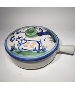 M A Hadley Pottery 1.5 Qt Round Casserole Lidded Cow Pig Blue Stick Handle - £66.84 GBP