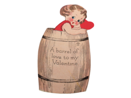 Vintage Valentine Card A Barrel of Love to My Valentine Heart Girl Brown Hair 4&quot; - £6.29 GBP