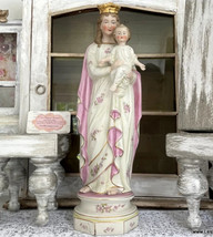 15&quot; Pink Crowned Antique Madonna and Child Statue Vintage French Virgin ... - £236.06 GBP