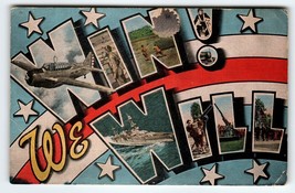 Win We Will WWII Patriotic Large Letter Linen Postcard 1943 War Planes Ship Boat - £13.60 GBP