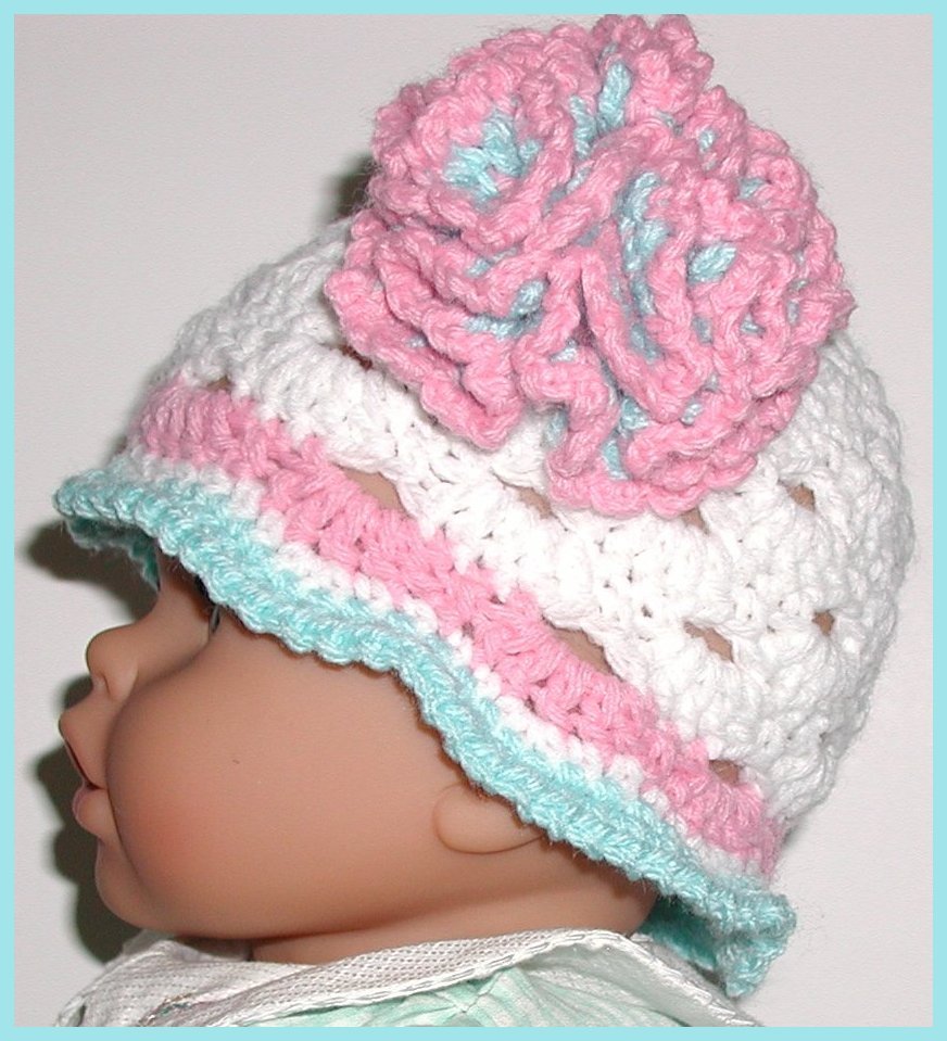 Primary image for White Baby Hat With Pink And Aqua Blue Trim Ruffled Full Mum Flower 3-9 Months