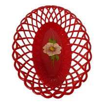 VTG 1950s Red Oval Plastic Serving Basket Handpainted Flower 12”x8” Weave VGUC - £18.91 GBP