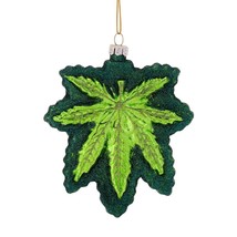 CANNABIS CHRISTMAS TREE ORNAMENT 4.5&quot; Glass Green Glitter Pot Leaf Marij... - £15.14 GBP