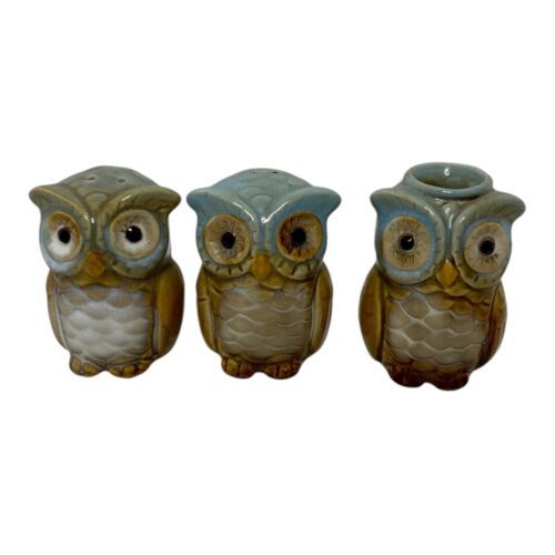 Owl Salt &amp; Pepper Shakers Toothpick Set Of 3 Holder Blue Ceramic Owl Fig... - $12.20