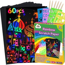 Scratch Paper Art Set: 60Pcs Magic Drawing Art Craft Kid Black Scratch Off Paper - £14.42 GBP