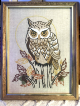Vintage Framed Owl Embroidered Rustic Boho Embroidery Wall Needlepoint Art - £39.95 GBP
