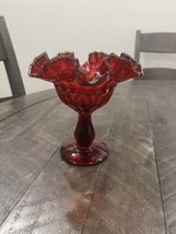 Vintage Fenton Ruby Red Thumbprint Double Crimped Footed Compote Gold Crest - $32.66