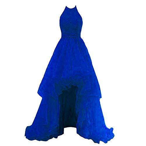 Sheer Beaded Halter High Low Organza Formal Homecoming Prom Dress Royal Blue 4