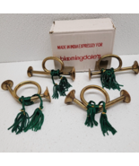 4 Vintage Bloomingdale&#39;s Brass Bugle / Horn Napkin Rings With Green Tassels - $17.81