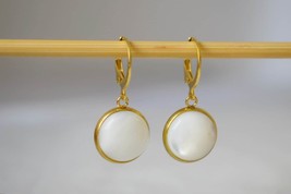Mother of pearl huggie earrings, Gold and pearl hoop earrings, 12mm round pendan - £26.02 GBP