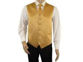 Men&#39;s Q Brand Formal Tuxedo Vest Tie and Hankie Satin #10 plain Gold - £15.79 GBP