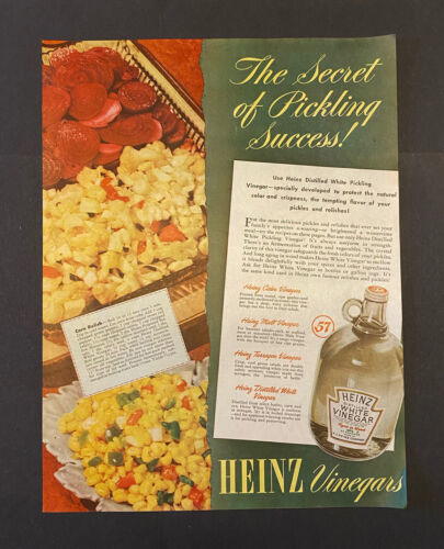 Vintage Print Ad Heinz Pickling Vinegar Corn Relish Recipe 1945 13.5"x 10.5" - £9.24 GBP