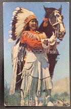 Native American Woman Headdress Black Horse Color RPPC Postcard 1954 used - $7.69