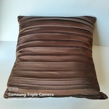 Chocolate Nut Brown Satin Pleated Accent Zip Cushion Toss Pillow Design Luxury - £50.81 GBP