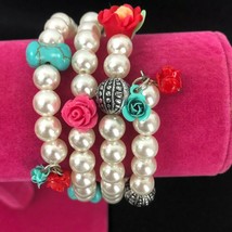 Pearl Turquoise Rose Silver Stack Bracelets Memory Wire Handcrafted  - £23.96 GBP