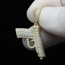 3Ct Simulated Diamond Small 3D &#39;&#39;Gun&#39;&#39; Pendant 14K Yellow Gold Plated Silver - $197.99