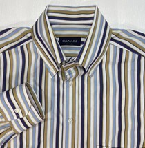 Canali Dress Shirt Mens 17x36 43 Striped Purple Brown White Button Down ... - $45.55