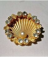 vintage Deco style Rhinestone Seashell gold tonePin Brooch rare beautiful - $19.80
