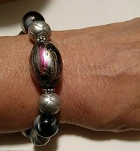Fashion Bracelet Large Beads Splashed Purple Grey and Black Stretch  - £13.98 GBP
