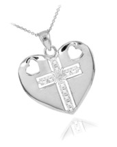 14K White Gold Solitaire Diamond Cross Open Heart Pendant - £818.11 GBP