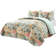 King size 3 Piece FarmHouse Teal Floral Cotton Reversible Quilt Set - £186.33 GBP