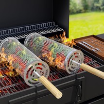 Grill Basket 2PCS Rolling Grill Baskets with Handle BBQ Grill Basket for Outdoor - £29.94 GBP