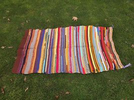 Colorful runner rug, mid-century hand knitted acrylic wool multi-colored... - $60.00
