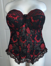 Gently Used Goddess #712 46B Strapless Red &amp; Blk Merry Widow, Lace, Wire, Molded - £19.66 GBP