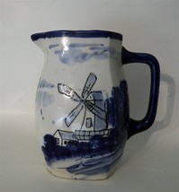 Art Deco c1925 Windmill Themed 8&quot; Milk / Water Jug Japan Blue &amp; White - £32.59 GBP