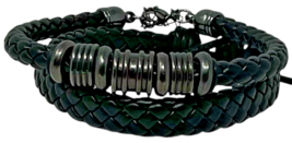 Men's Black Braided Leather Stainless Steel Bracelet Set Beaded Lobster Closure image 4