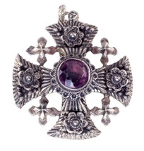 Large Vintage Purple Glass Stone Maltese Cross Pendant Set In 950 Silver - £447.76 GBP
