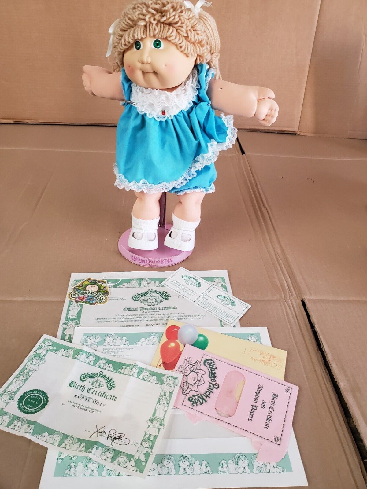 1985 Coleco Cabbage Patch Kids Blonde green eyes head mold 2 blue dress - $92.22