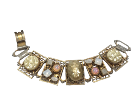 Vintage Panel Link Bracelet Pink Barbiecore Mod Gold Tone Statement - £29.56 GBP