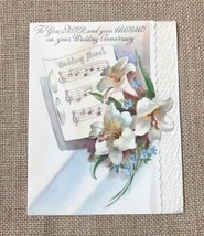 Ephemera Vintage Rust Craft Anniversary Card Lily Flowers Sheet Music Lace Trim - £3.95 GBP