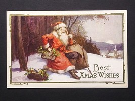 Best Christmas Xmas Wishes Santa in the Snow Gold Embossed Postcard c1920s (b) - £7.85 GBP