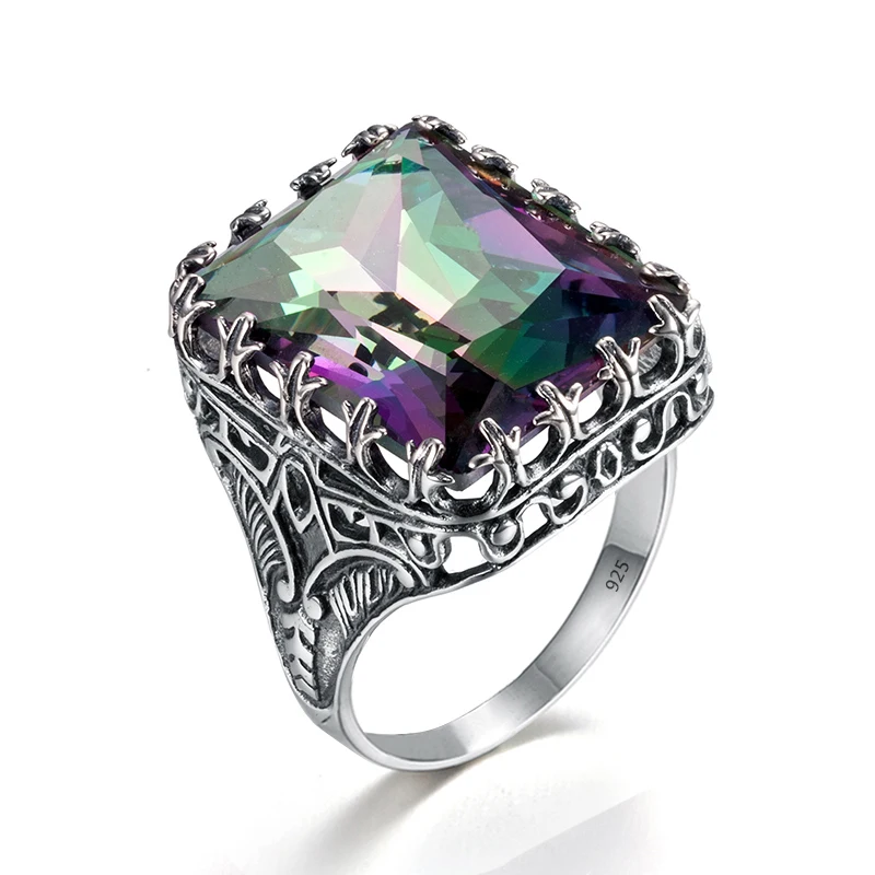 Kpop Ring For Women Real 925 Sterling Silver Punk Ring Mystic Rainbow Topaz Gems - £41.85 GBP