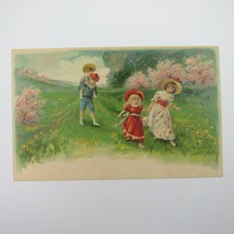 Postcard Children Green Field Cherry Blossom Trees Spring Embossed Antique 1908 - £7.98 GBP