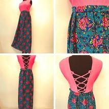 Lanz Originals Dress size S M Pink Teal Crisscross Back Floral Vintage 1960s DS3 - £44.81 GBP