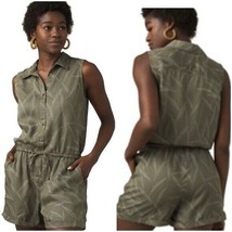 New NWT Prana Romper Weekend Escape L Womens Tie Pockets Rye Green Leaves Button - £117.12 GBP