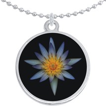 Blue Flower on Black Round Pendant Necklace Beautiful Fashion Jewelry - £8.45 GBP