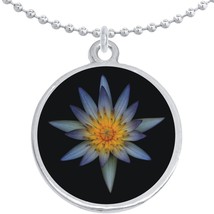 Blue Flower on Black Round Pendant Necklace Beautiful Fashion Jewelry - £8.09 GBP