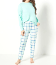 AnyBody Lush Jersey Lounge Set - Bright Mint / Plaid, Petite SMALL - £22.78 GBP