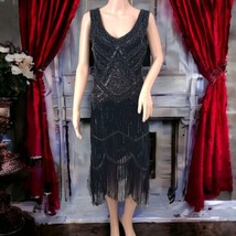 Sequin Beaded Flapper Dress Sz S Gatsby Fringed Black Silver Sleeveless ... - £31.53 GBP