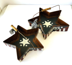 2 July 4 Star-shaped Metal Trays Rustic Red White Blue Patriotic America Handles - $33.85