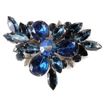 Vintage Unsigned Dark Blue Marquise Rhinestone Chunky Floral Burst Brooch 3&quot; - £23.10 GBP