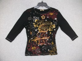 Blue Canyon Women&#39;s Shirt 3/4 Sleeve Holiday Lights Christmas Black Rhinestone M - £11.23 GBP