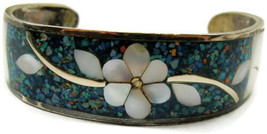 Inlay Cuff Bracelet Alpaca Silver Mexico Inlay Mop Turquoise Daisy Flower Mosaic - £55.38 GBP