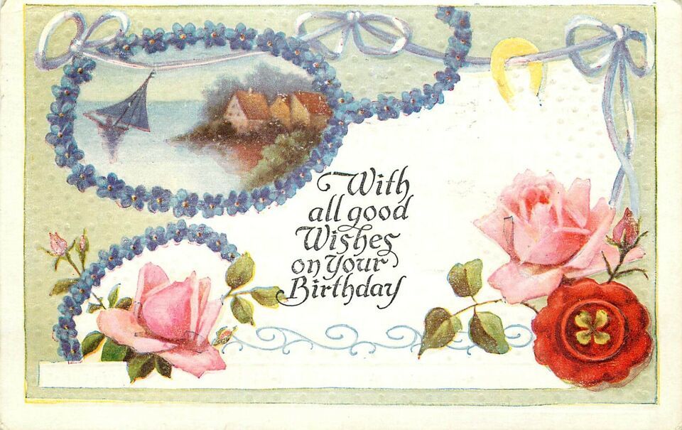 Embossed DB Postcard K039 Wishes Birthday Multi View House Sailboat Rose... - $4.95