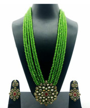 Indian Bollywood Style Gold Plated Kundan Green Long Pendent Bridal Jewelry Set - £15.00 GBP