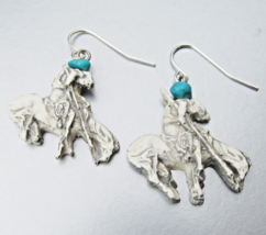 Vintage Sterling Silver Turquoise COWBOY on Horse Dangle Pierced Earrings - $18.60